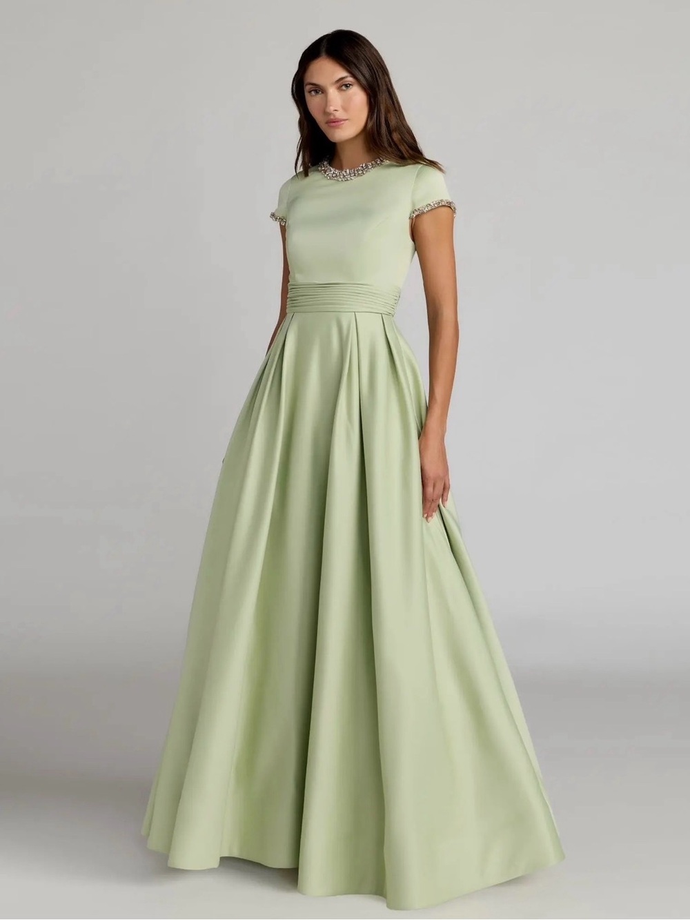 Mac Duggal Light Green Evening Gown with Jeweled Trim Size 12 Brand New!